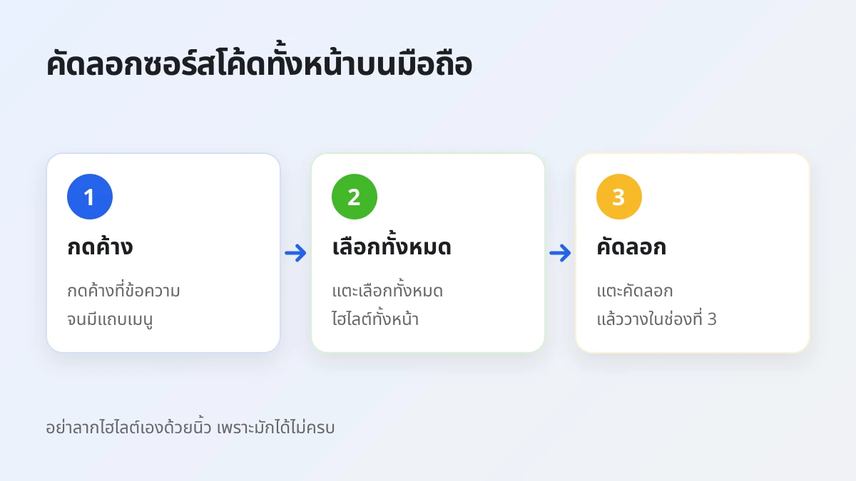 เลือกซอร์สโค้ดทั้งหมดและคัดลอกบนมือถือ Android ด้วยการกดค้าง